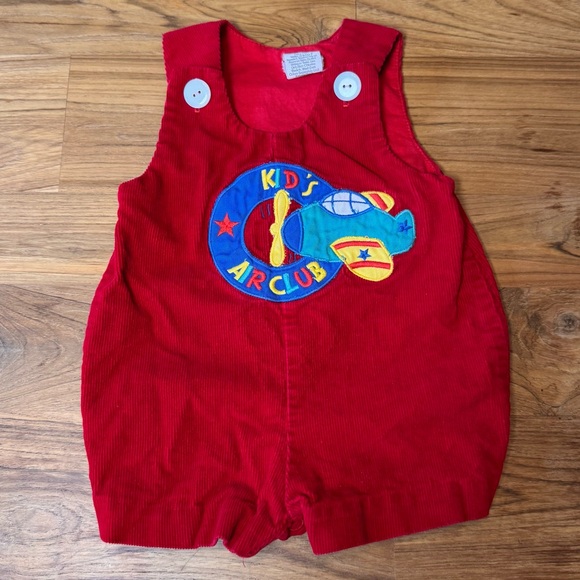 None Other - Vintage Romper Kid’s 3-6 Months “Kids Air Club” Airplane Red Corduroy